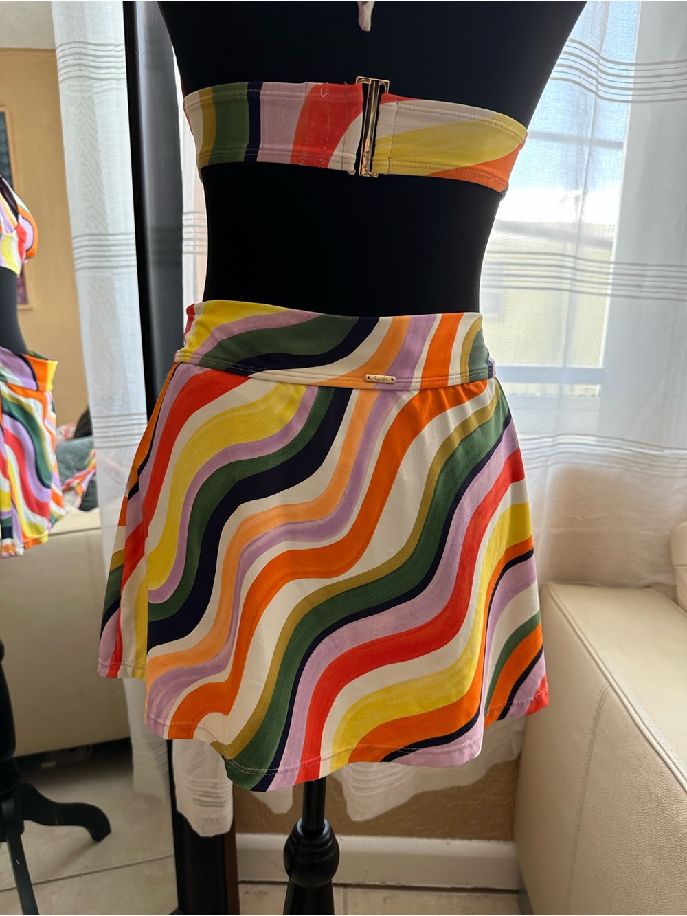 Anne cole 3 piece swimsuit set Raibow wave print -Bikini top swim skirt zip L/XL - Picture 5 of 16
